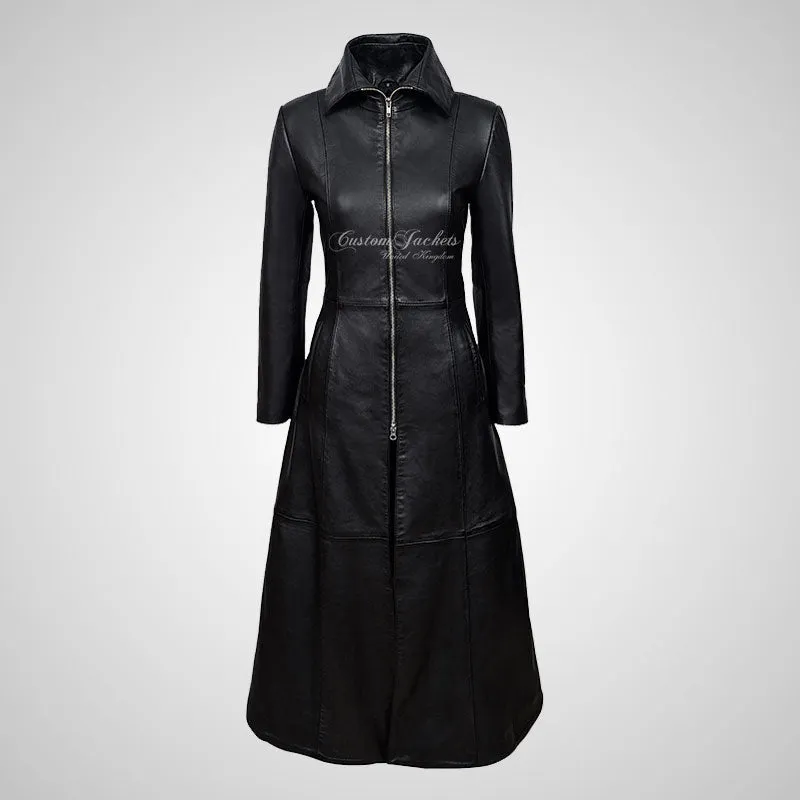 LILA Ladies Full Length Leather Flare Coat Black