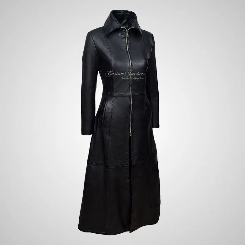LILA Ladies Full Length Leather Flare Coat Black