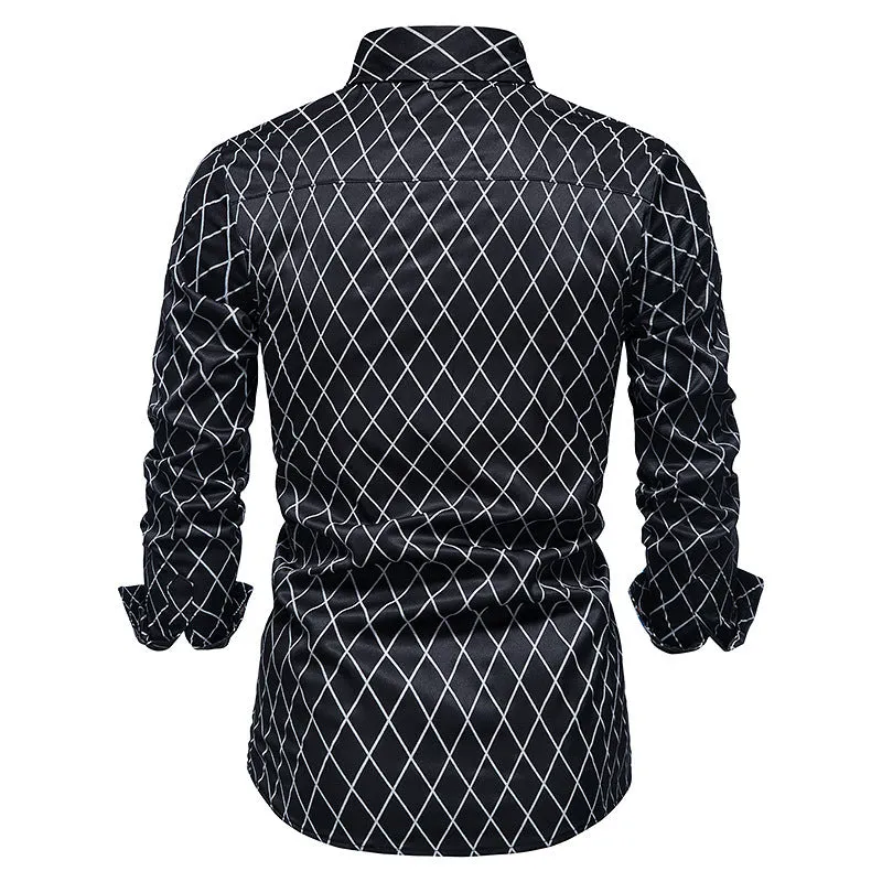 Men's Long-sleeved Diamond Check Button Shirt