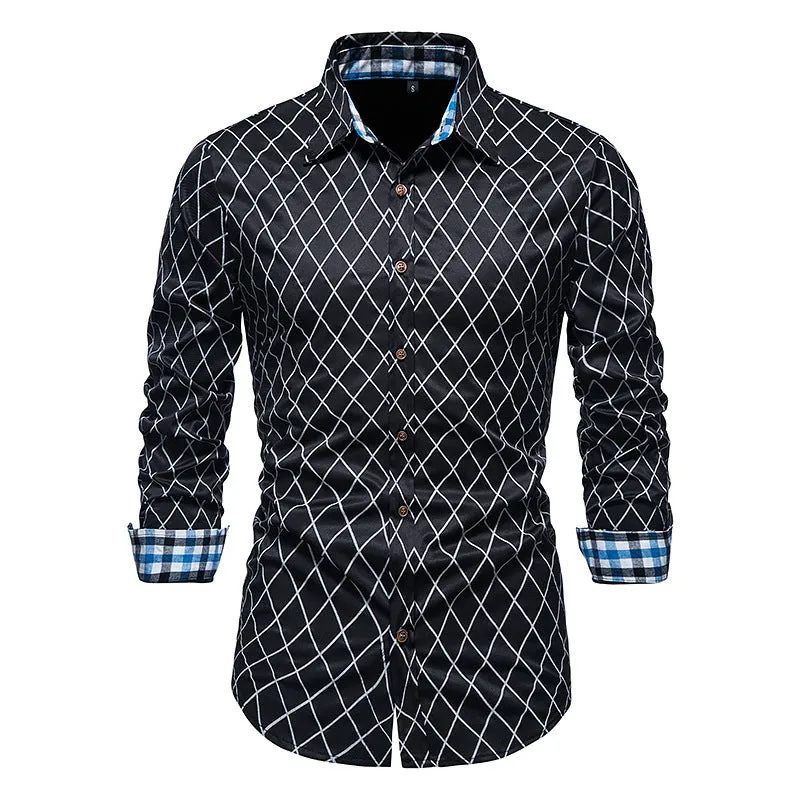 Men's Long-sleeved Diamond Check Button Shirt