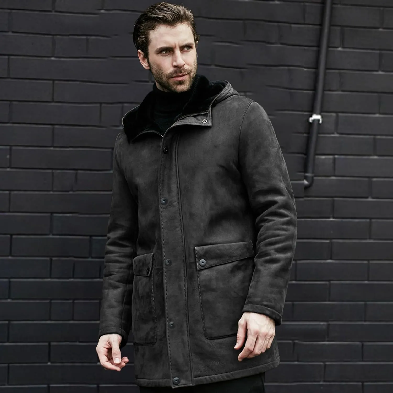 Men's Wool Coat Long Trench Coat Slim Zipper Cardigan Solid Color Hooded Casual Washed Jacket Windbreaker Long
