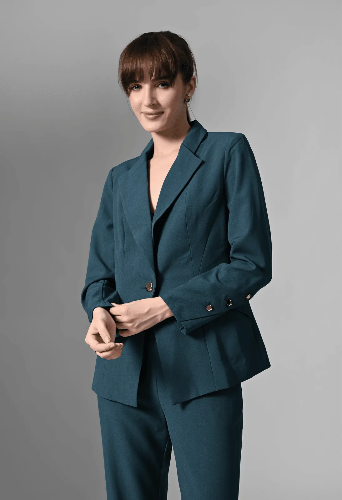 Pankh Teal Blue Solid Blazer & Trousers Set