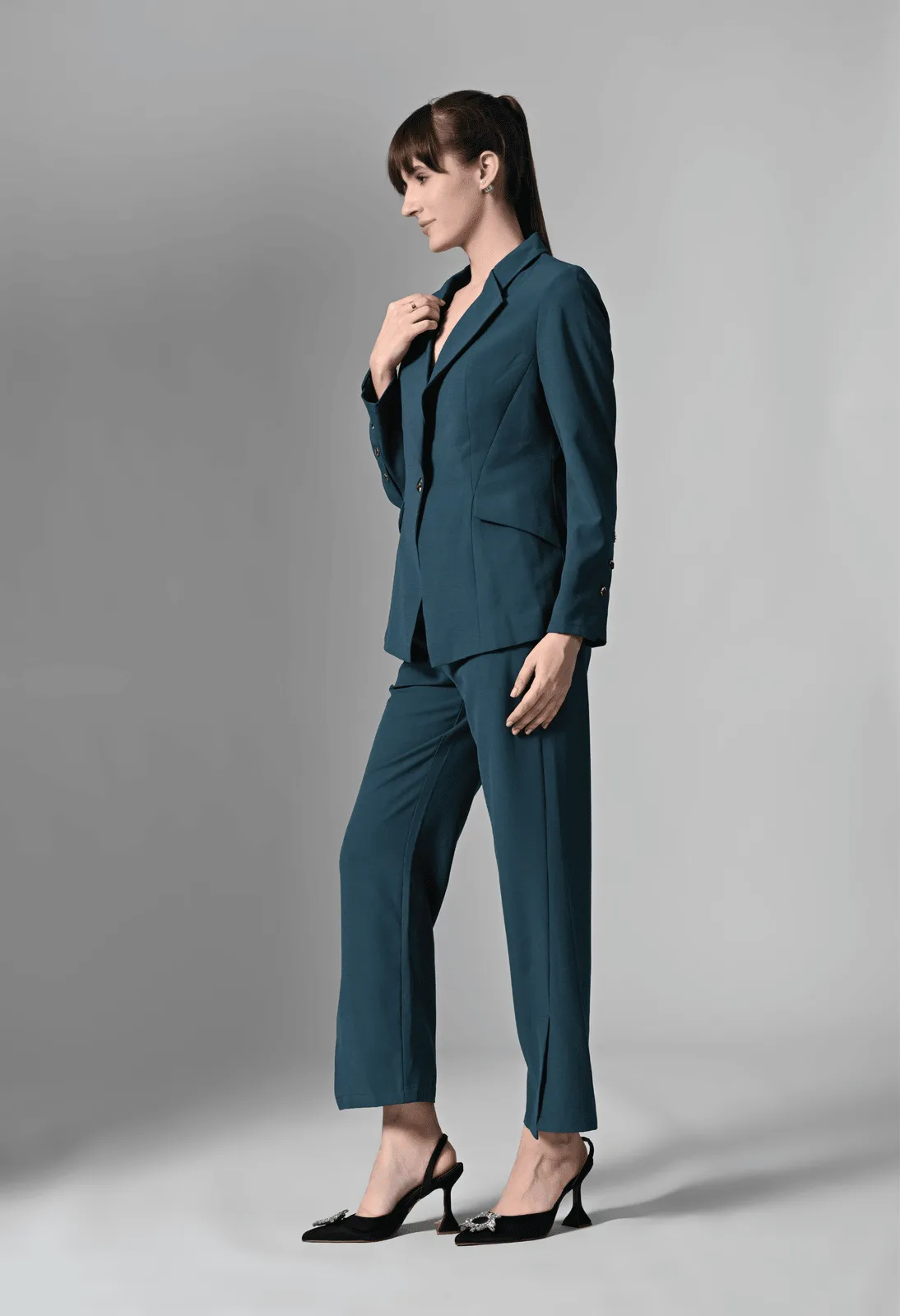 Pankh Teal Blue Solid Blazer & Trousers Set