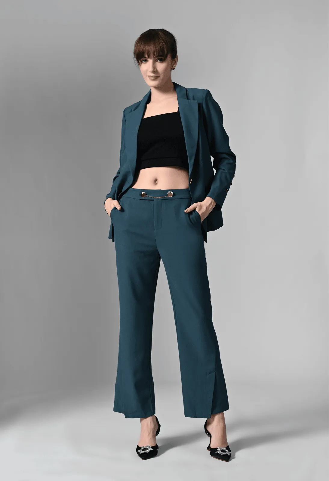 Pankh Teal Blue Solid Blazer & Trousers Set