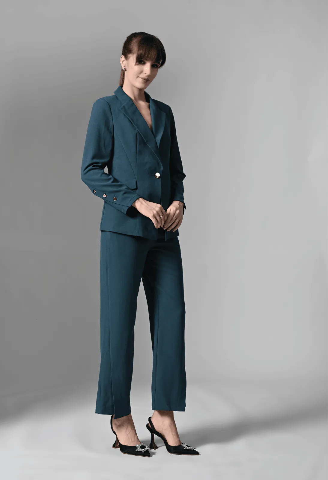 Pankh Teal Blue Solid Blazer & Trousers Set