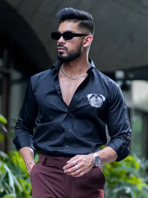Puppy Embroidered Black Cotton Premium Shirt