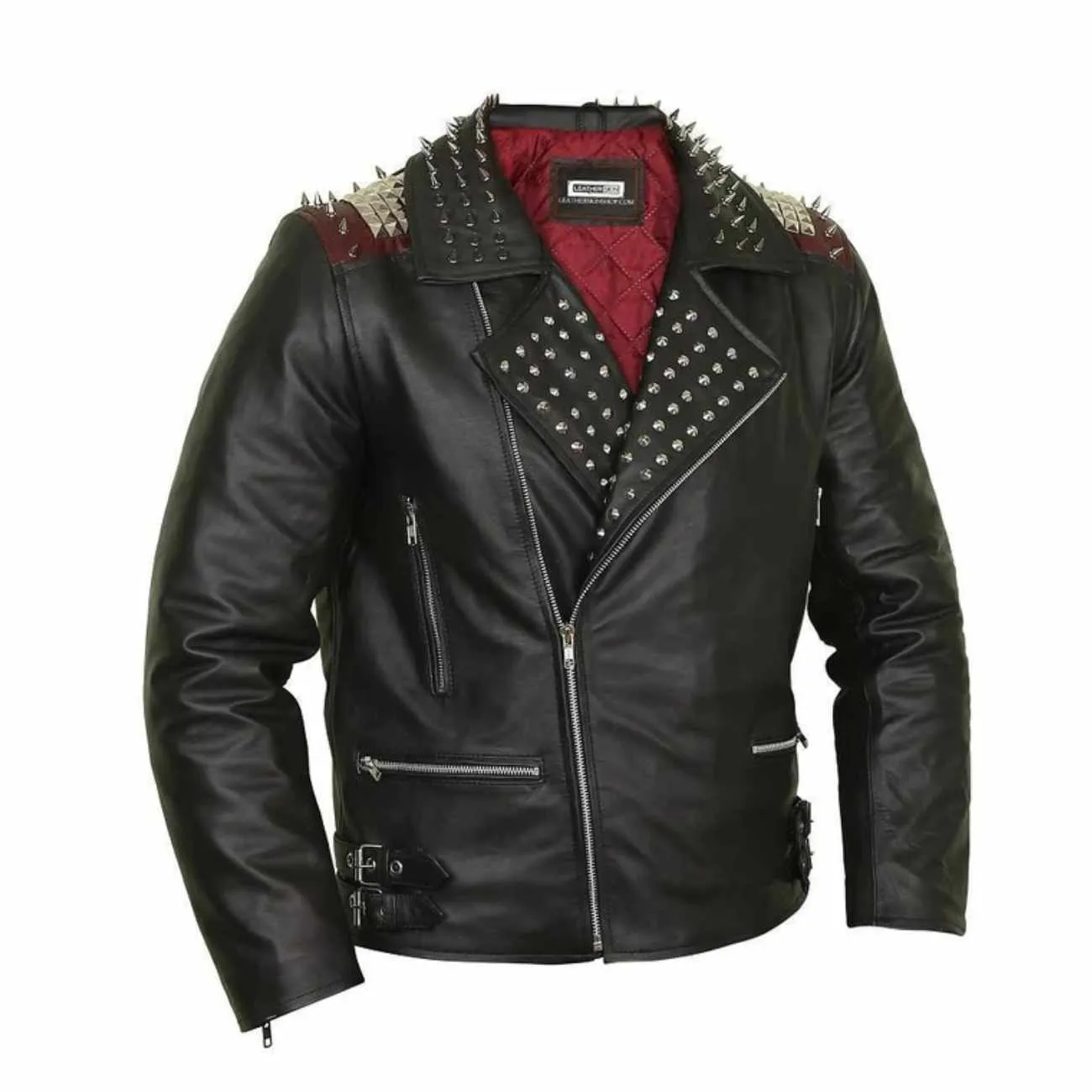 Studded Leather Jackets for Men With Red Lining