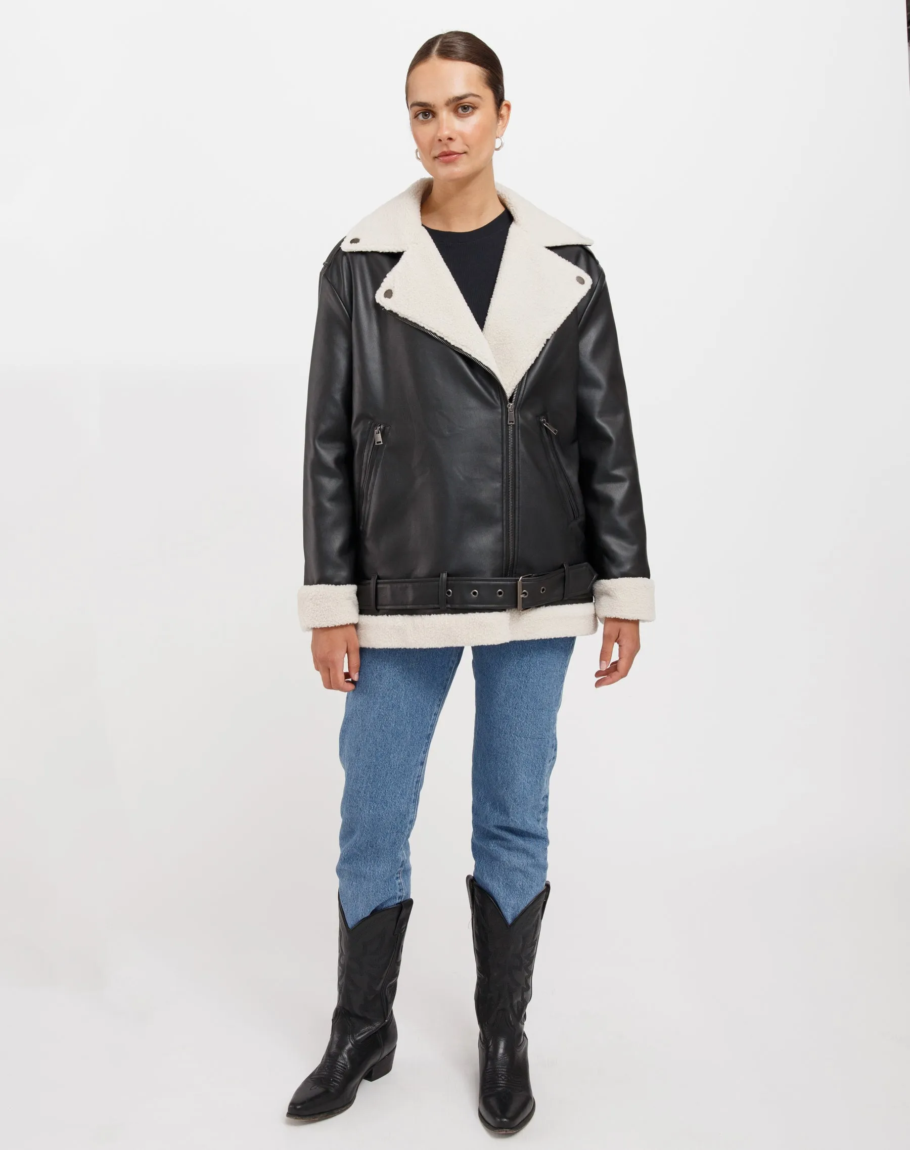 The Florence 2.0 Vegan Leather Jacket With Faux Shearling | Black