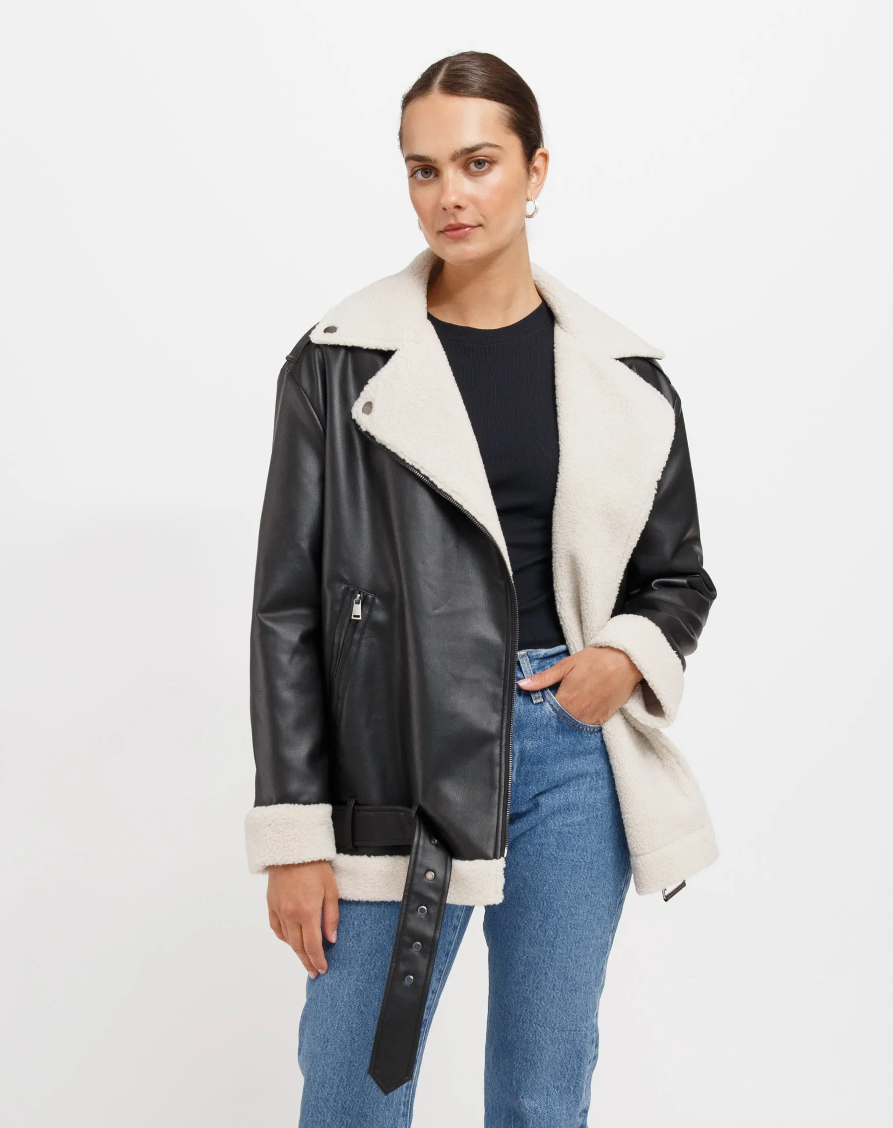 The Florence 2.0 Vegan Leather Jacket With Faux Shearling | Black