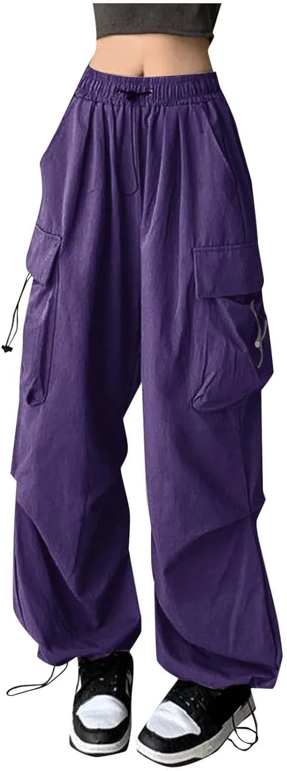 Womens Cargo Pants Baggy High Waisted Summer Wide Leg Casual 2025 Drawstring Elastic Waist with Pockets